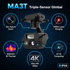 3-axis gimbal camera equipped with a 1080p CMOS sensor, 16-bit color depth, 115° wide-angle lens, and MicroSD card support