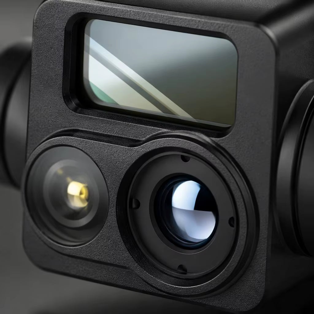 3-axis gimbal camera equipped with a 1080p CMOS sensor, 16-bit color depth, 115° wide-angle lens, and MicroSD card support