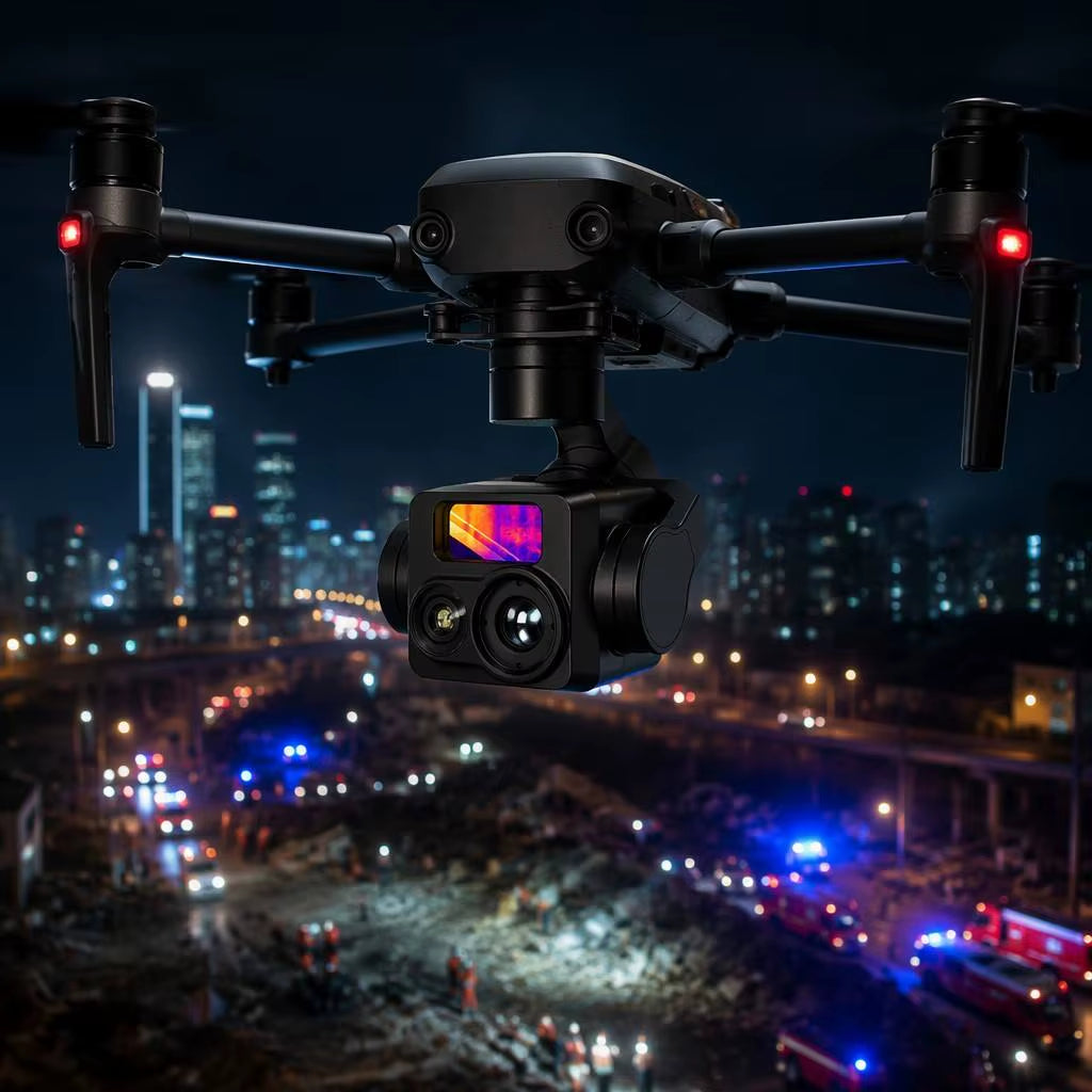 3-axis gimbal camera equipped with a 1080p CMOS sensor, 16-bit color depth, 115° wide-angle lens, and MicroSD card support